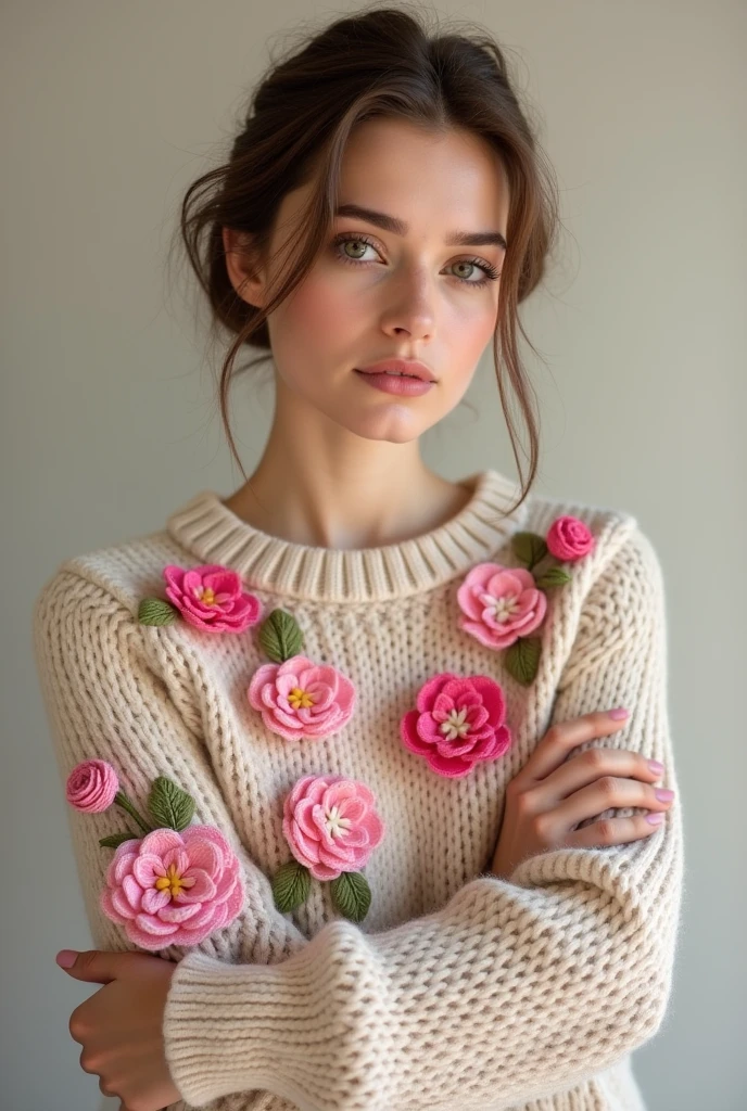European woman model wearing thick beige knitted sweater with lots of colorful raised crochet flowers in small pink colors without holes