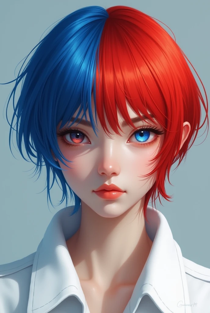 Left eye blue right eye red hair left his blue right hair red white jacket