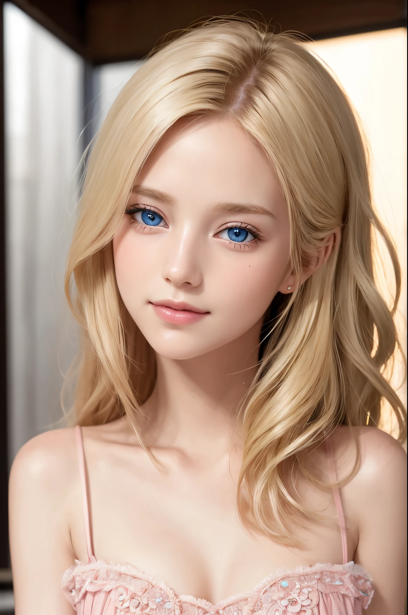 Beautiful blonde in pink No sleeve,  Very detailed, 2, Innocent face, Naturally Wavy Hair, blue eyes, High resolution, masterpiece, 最high quality, Intricate details, Very detailed, Clear focus, Delicate skin, practical skin texture, texture, Delicate eyes, Professional, 4K, Cute Smile, Shot with Canon, 85mm, Shallow and deep, Kodak Vision Color, that&#39;s right, Very detailedな, photograph_\(Extremist\), photographpractical, practical, Post-processing, Maximum details, Roughness, Real Life, Extremist practical, Photorealism, photographgraphy, 8kウルトラHD, photographgraphy, (最high quality、Tabletop、8k、Best image quality、Award-winning works)、No sleeve, (Red eyeshadow:1.2)、Perfect Makeup、Long eyelashes、超高精細のShine目、Ultra HD Hair、ultra High resolution glossy lips、Super High resolution perfect teeth、Super High resolution cute face、Brown Hair、(Very short straight hair:1.1)、Look at me and smile、[clavicle]、Accurate anatomy、With bangs、超High resolutionのShine肌、The most detailed face、Ultra High resolution detailed faces、ultra High resolution hair、Fashion Model, 2, [[[[chest]]]], [[[[head]]], [shoulder]]]]], Perfect Eyes, Perfect Iris, Perfect Lips, Perfect Teeth, Perfect Skin, Soft Front Light, Shine, High resolution, (Soft colors: 1.2), 最high quality, a photographrealistic portrait of a stunningly beautiful woman without make-up, Very detailedな light hazel eyes, Symmetric, Realistically detailed face, Very detailedな natural texture, Peach fuzz, Messy Hair, masterpiece, Absurd, award winning photograph by lee jeffries, nikon d850 film stock photographgraph, Kodak Portra 400 Camera F1.6 Lenses, Very detailedな, wonderful, Finer details, Rich colors, hyper realistic lifelike texture, Dramatic lighting, Unreal Engine, Talked about at the art station, Cinestill 800 Tungsten, Looking at the audience, photograph realistic, RAW photograph, Tanveer Tamim, high quality, High resolution, Sharp focus, Very detailedな, Cinema Lighting, 8k uhd, Kneel, Black tank top