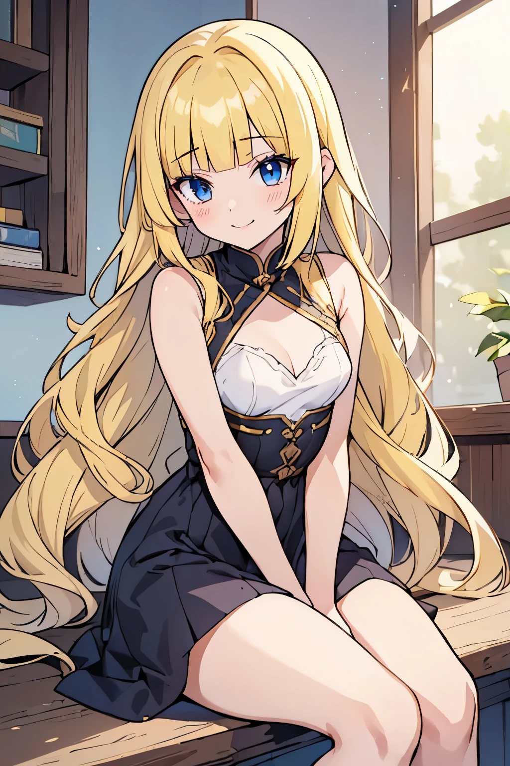  solo girl, (young female body:1.4), ( medium small breasts), cowboy shot, shy smile, flustered, yellow hair, extra long wavy hair, thick wavy hair, hime cut, very blunt bangs, yellow disheveled hair, light blue eyes, sitting, dynamic posing, 