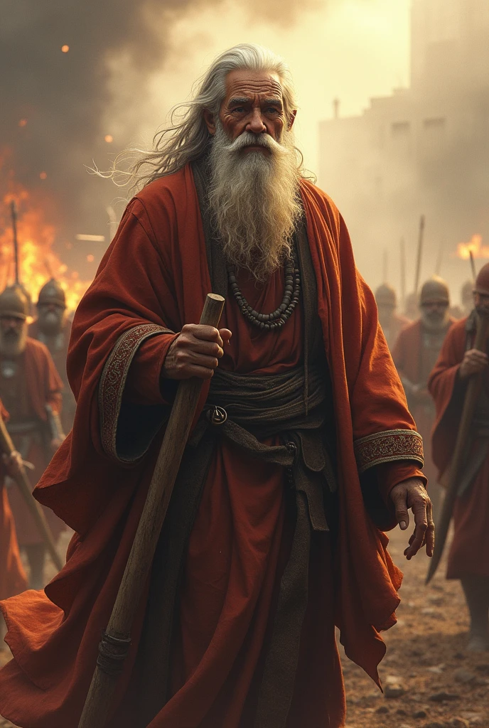 Old old bramhana person standing in middle of a war