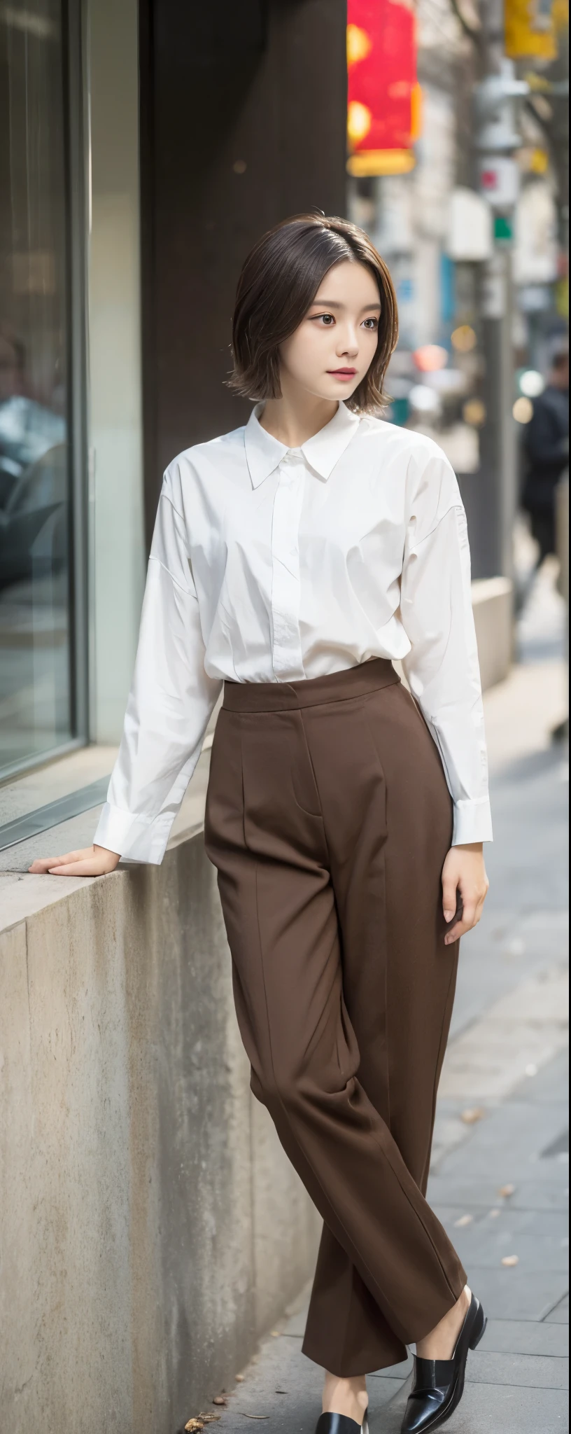 ((top-quality, 8K, masterpiece:1.3)), sharp focus:1.2, Beautiful Women in Perfect Style:1.4, Slender Abs:1.2, full body, wearing long sleeve shirts wide long pants, ((weavy dark brown short hair:1.2)), (natural soft light, City Street:1.1), Highly detailed facial and skin texture, A detailed eye, double eyelid, uniform, Female,ld, autumn season,