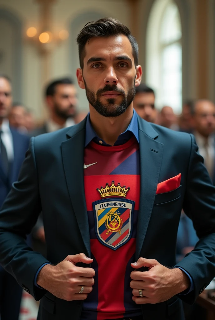 A man getting married in a suit and opening his shirt from the inside, showing a Fluminense shirt underneath
