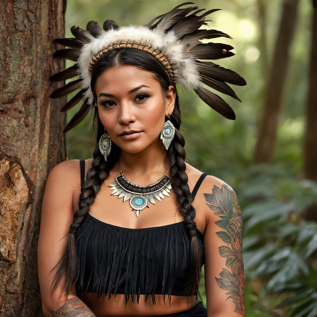 Realistic image of a beautiful native American woman sitting next big trees and flowers, alone, with long hair, looking at the viewer, black hair, brown eyes, jewelry, braid, earrings, dark skin, necklace, mole, dark-skinned woman, lips, tattoo, feathers, headdress, facial tattoo, Native American, 