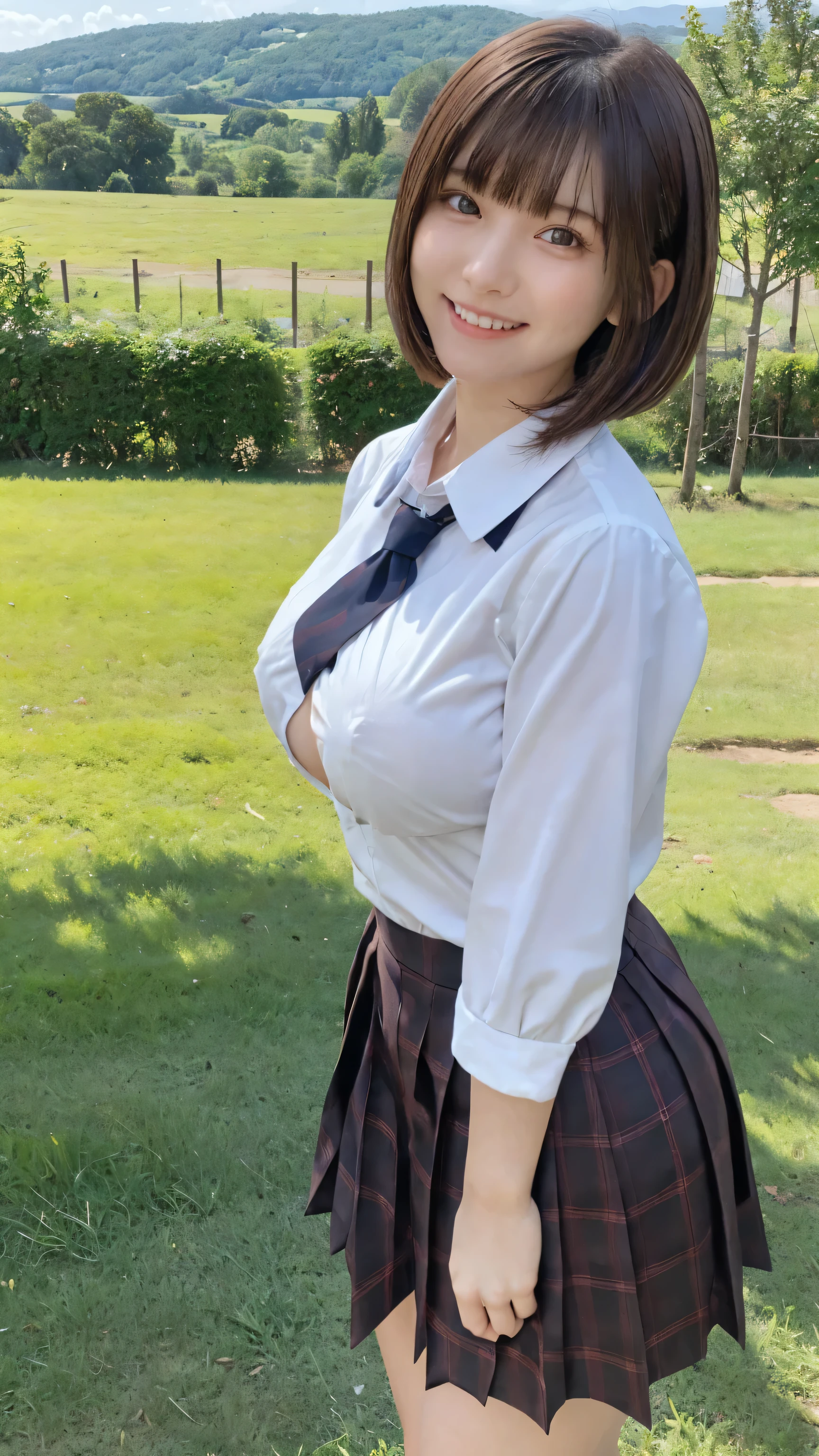 One person'S, (beautiful girl, delicate:1.3), (:1.3),
break, (Lush countryside background:1.2),
break, Embarrassed Laugh, Very beautiful eyes, (Symmetrical eyes:1.3),
break, (E cup breasts:1.3), School uniforms:1.3, Brown eyes, Parted bangs, Brown bob cut hair, Round face, cute,
break, (Eye and facial details:1.0),
break, (masterpiece, Highest quality, Very detailed, Detailed face, 8k)