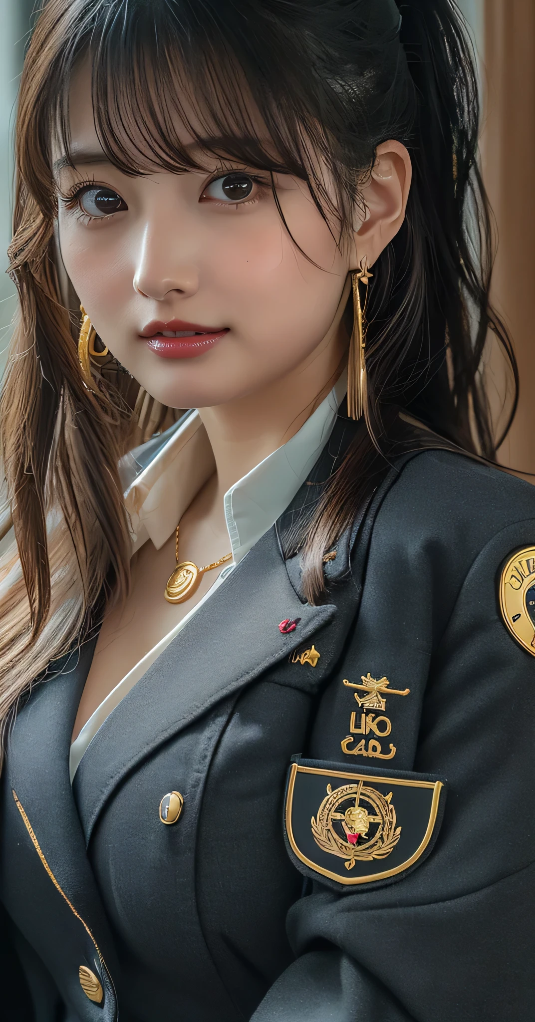 (8k,RAW Photos,Like the picture:1.45),masterpiece,Highest quality,wonderful,(セクシーなMature Woman:1),(Mature Woman:1.3), (2 woman.1.3)、(((very, very大きい)))、(((Extremely lewd and very huge boobs)))、(((Very deep cleavage)))、Hyper Real、In her office、A beautiful and dignified smile、Beautiful white skin、Beautiful, delicate and precise skin texture、With long, fluffy, beautiful brown hair(ponytail:1.0)、Beautiful Japanese Women、(Big Ass)、Thick thighs、Bright red lips、Gold earrings、Gold bracelet、Gold Necklace、{Charcoal gray suit(White blouse)}, (A badge with the SDGs symbol on the left lapel of the suit)