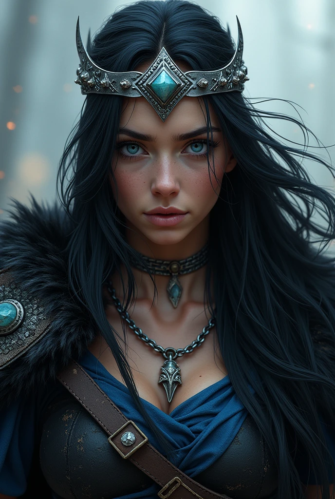 Viking warrior woman, velvety skin, strong jaw, blue colored eyes, long black hair, Scrawny, with black clothes with blue details, wearing a silver crown with precious stones.