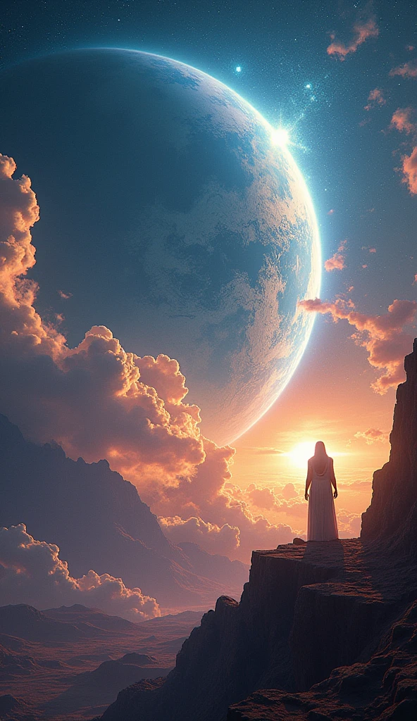 Design an image showing the separation of the sky and earth with a detailed cosmic background featuring vibrant blues and earthy tones. The scene should have a clear separation between the sky and the earth, with the blurred silhouettes of Shu in the background, emphasizing his role in this cosmic event. Use masterpiece, best quality, CG, wallpaper, HDR, high quality, ultra detailed, cinematic, high detail, 8k, raw, high, artstation HQ, unreal engine, octane renderer, 4k resolution, hyperrealistic, highly detailed