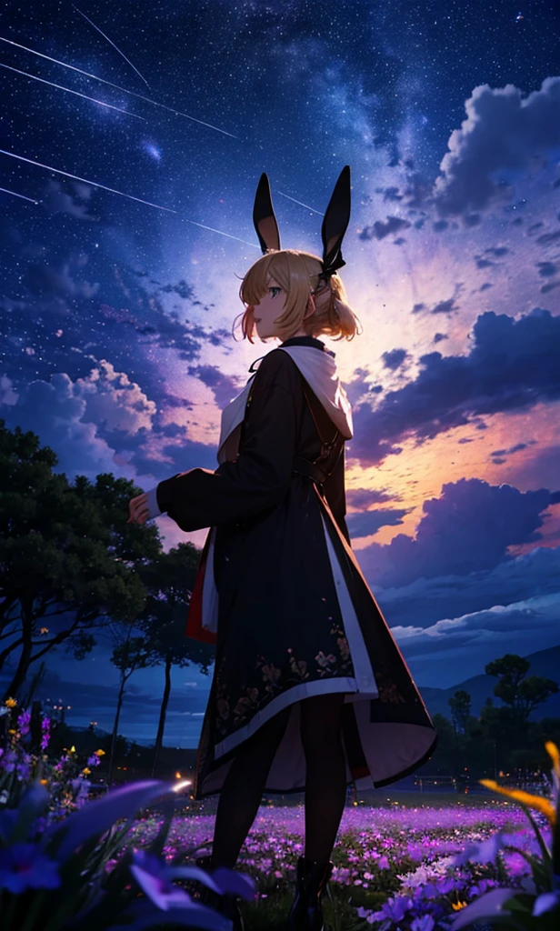 １people々々々々々々々々々々々々々々々々々々々,Woman with medium length blonde hair，Bunny ears，Long coat，Takageta， Dress Silhouette， Rear View，Space Sky, Flower Field，Colorful flowers，Dancing Petals，full moon，shrine，