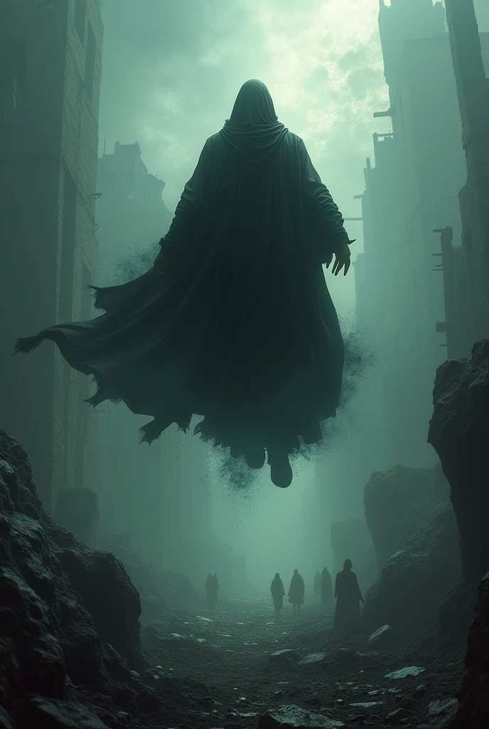 A man in a black robe levitating and overlooking the world consumed by darkness and misery