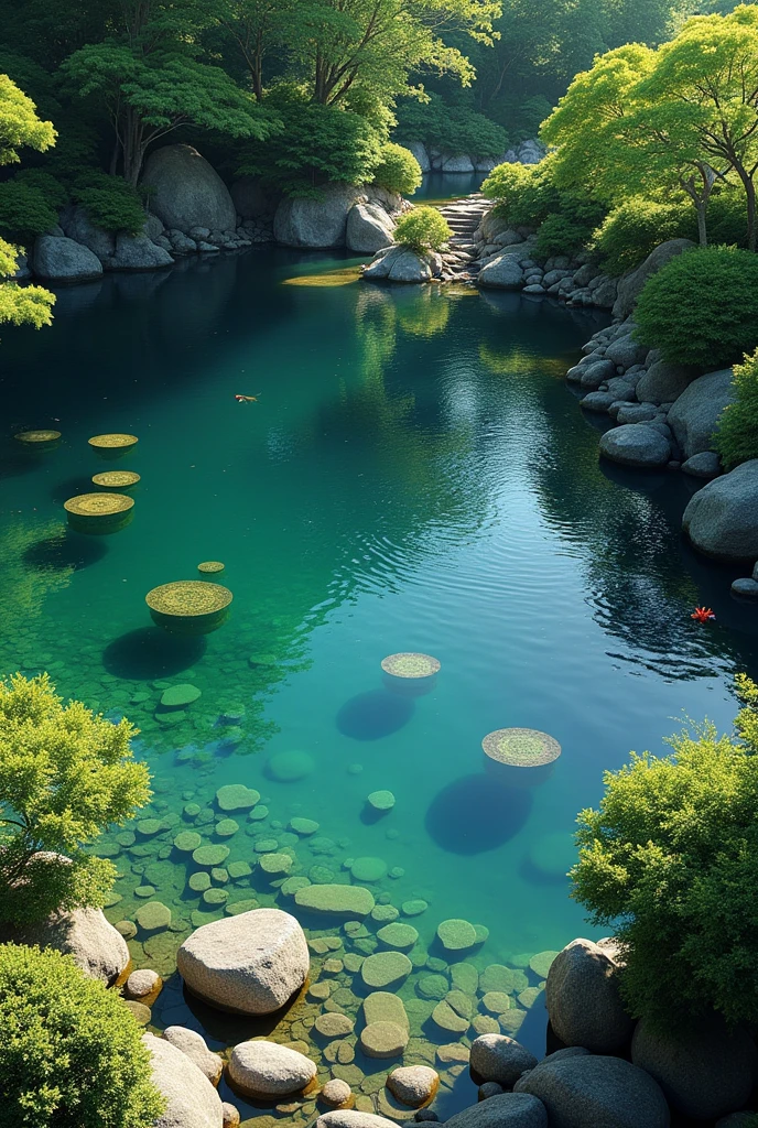 (masterpiece:1.2,Highest quality,Ultra-high resolution,Very detailed,Realistic,Ultra-high resolutionのカメラ),8k,wallpaper,(Photographing the pond from above),(Detailed depiction of the pond bottom without surface reflections.:2.0),sunny,Japanese garden,Serene landscape,healing