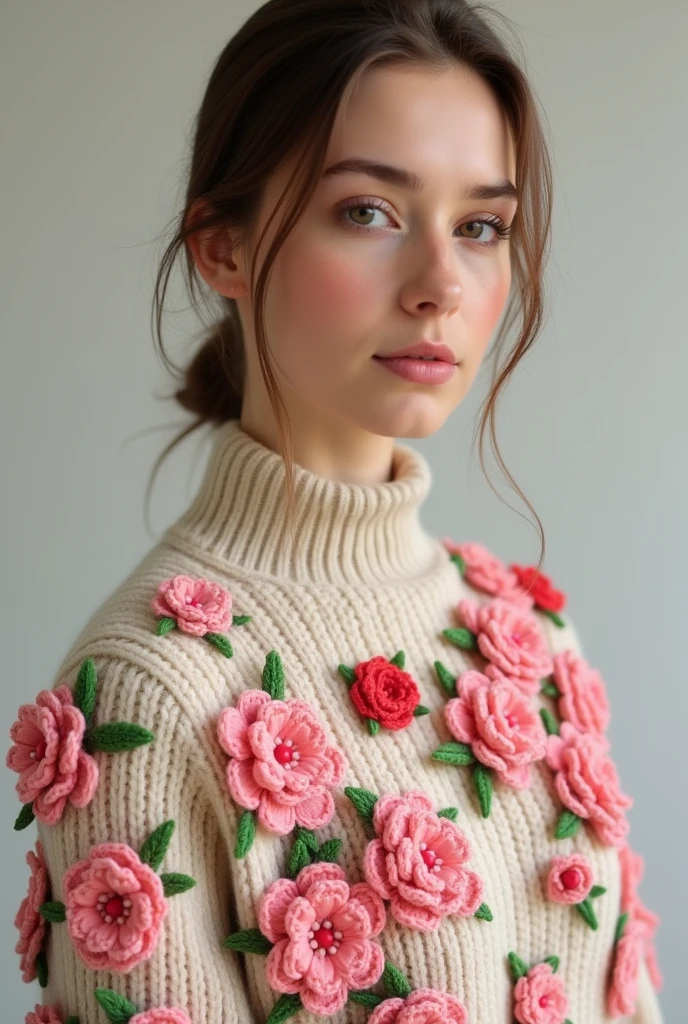European woman model wearing thick beige knitted sweater with lots of colorful raised crochet flowers in small pink colors without holes