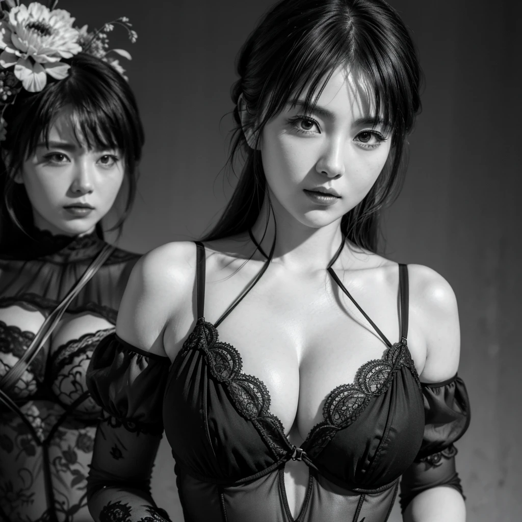 Stingy, Genshin Impact, Absurd,High resolution,Super detailed,ultra-Detailed Background,Detailed Background,Very detailed,One person,bouquet,(Tangled:1.2),(Geometric:1.2) Black and white color palette, monochromatic, big , Cleavage, Side bust, lingerie, Realistic depiction