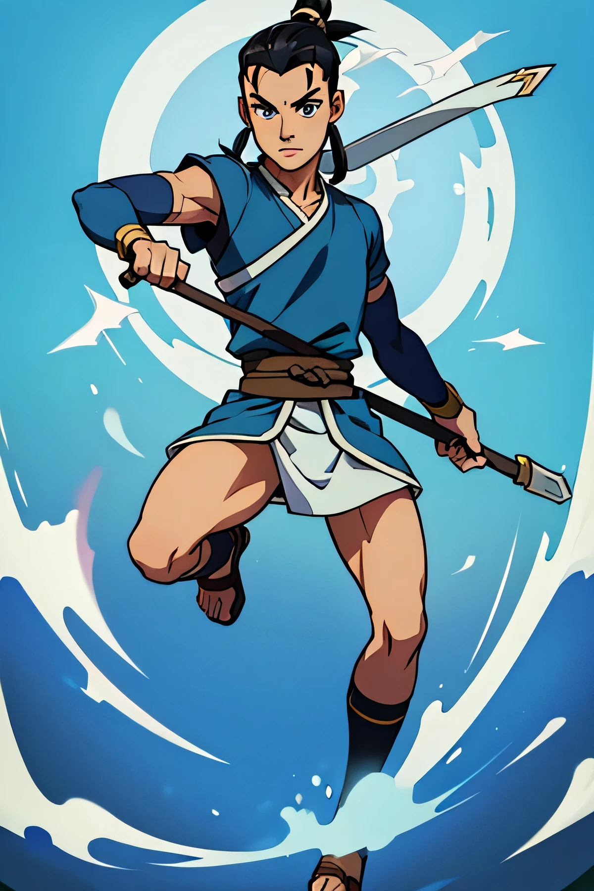 full body image of sokka from Avatar the last airbender in blue clothes holding a boomerang