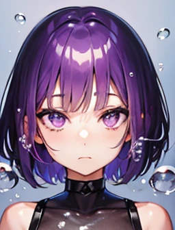 solo, 1girl, purple eyes, purple hair, bubble, looking at viewer, portrait, half-closed eyes, short hair, closed mouth,shiny bubbles,bubbles, colour shining in bubble, reflective bubbles,bubbles ,bubbles all around, turning into bubble