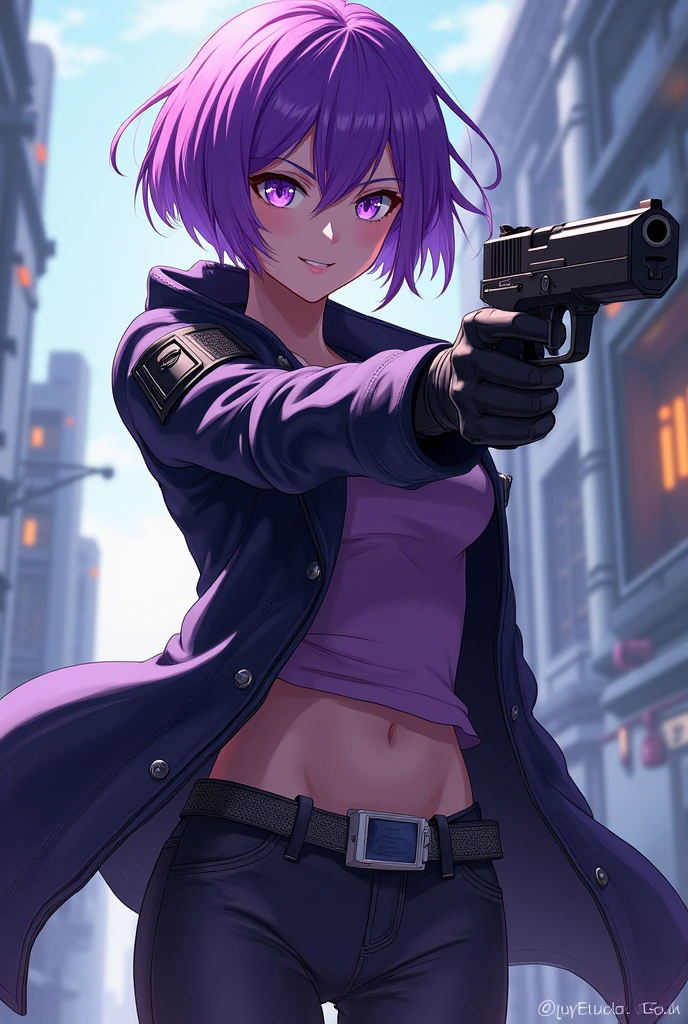 An anime style gunslinger, short purple hair and purple eyes