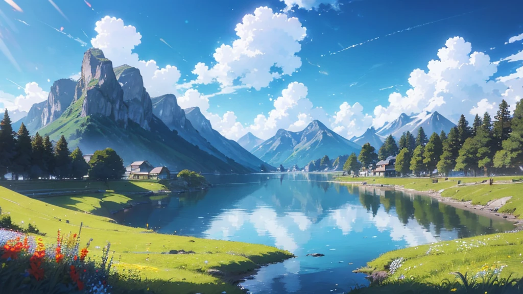 In a vibrant, anime-style world with a visual quality reminiscent of the film 'Your Name,' the scene reveals a vast, rolling landscape of lush green fields bathed in the bright sunlight of a clear day. The hills are dotted with colorful, blooming wildflowers that sway gently in the breeze, adding a lively touch to the scenery. In the distance, majestic, snow-capped mountains rise against a brilliant blue sky, their peaks shimmering under the sun. A crystal-clear lake reflects the sky and surrounding landscape, enhancing the sense of tranquility and beauty. The overall atmosphere is bright and cheerful, with rich, vivid colors capturing the essence of a perfect, sunlit day, evoking the magical realism and stunning visuals of top-tier anime films.