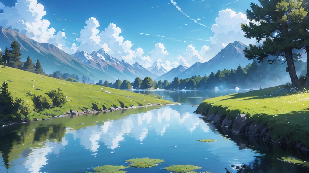 In a vibrant, anime-style world with a visual quality reminiscent of the film 'Your Name,' the scene reveals a vast, rolling landscape of lush green fields bathed in the bright sunlight of a clear day. The hills are dotted with colorful, blooming wildflowers that sway gently in the breeze, adding a lively touch to the scenery. In the distance, majestic, snow-capped mountains rise against a brilliant blue sky, their peaks shimmering under the sun. A crystal-clear lake reflects the sky and surrounding landscape, enhancing the sense of tranquility and beauty. The overall atmosphere is bright and cheerful, with rich, vivid colors capturing the essence of a perfect, sunlit day, evoking the magical realism and stunning visuals of top-tier anime films.