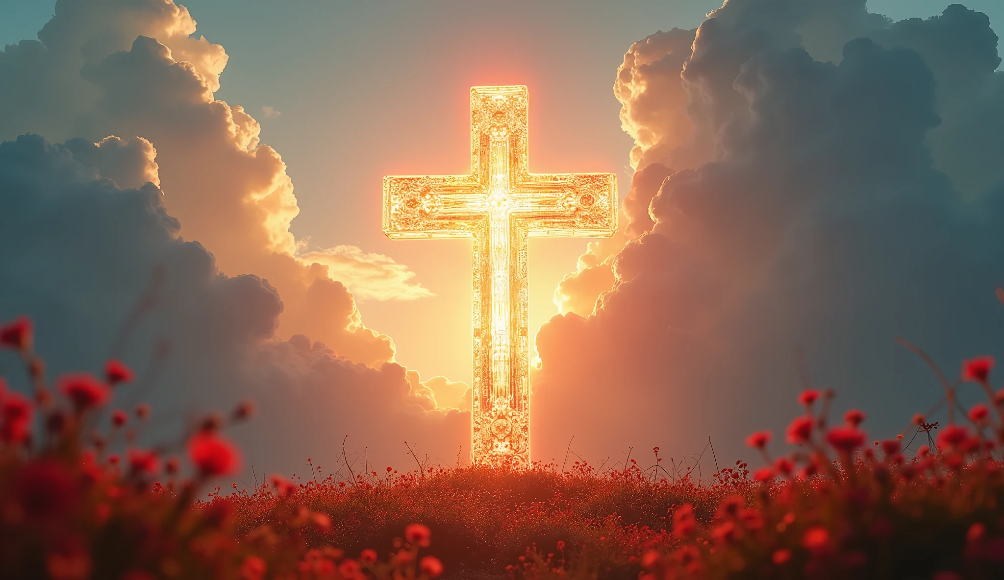 an image of a transparent/clear glowing cross in middle, the Cross is very clear and transparent, it is very shiny and glowing, beautiful landscape FOREGROUND with red flowers, dramatic huge cloud background, sunset, very low angle camera shot, daytime,