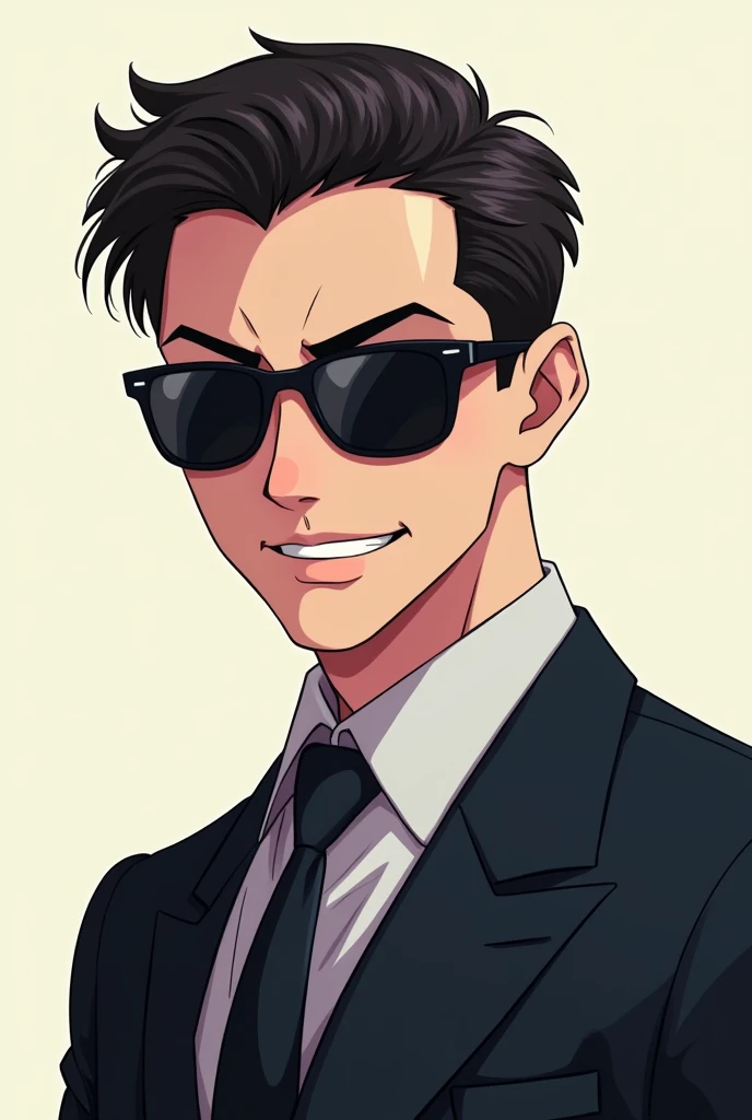 Create a profile pic cute anime mafia guy with sunglasses on. Both shoulders must be seen. 