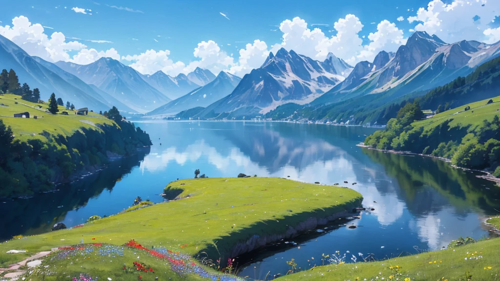 In a vibrant, anime-style world with a visual quality reminiscent of the film 'Your Name,' the scene reveals a vast, rolling landscape of lush green fields bathed in the bright sunlight of a clear day. The hills are dotted with colorful, blooming wildflowers that sway gently in the breeze, adding a lively touch to the scenery. In the distance, majestic, snow-capped mountains rise against a brilliant blue sky, their peaks shimmering under the sun. A crystal-clear lake reflects the sky and surrounding landscape, enhancing the sense of tranquility and beauty. The overall atmosphere is bright and cheerful, with rich, vivid colors capturing the essence of a perfect, sunlit day, evoking the magical realism and stunning visuals of top-tier anime films.