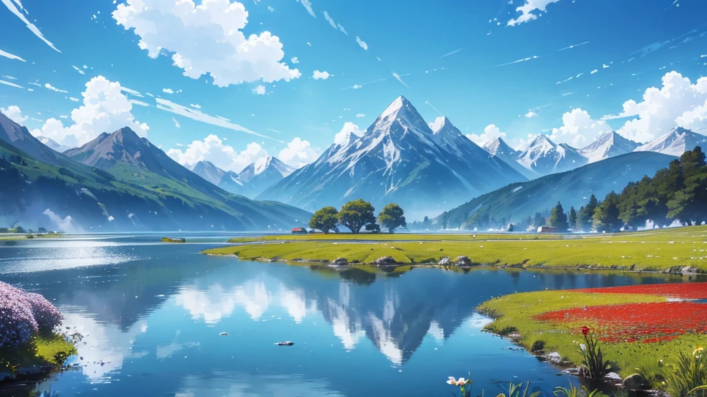 In a vibrant, anime-style world with a visual quality reminiscent of the film 'Your Name,' the scene reveals a vast, rolling landscape of lush green fields bathed in the bright sunlight of a clear day. The hills are dotted with colorful, blooming wildflowers that sway gently in the breeze, adding a lively touch to the scenery. In the distance, majestic, snow-capped mountains rise against a brilliant blue sky, their peaks shimmering under the sun. A crystal-clear lake reflects the sky and surrounding landscape, enhancing the sense of tranquility and beauty. The overall atmosphere is bright and cheerful, with rich, vivid colors capturing the essence of a perfect, sunlit day, evoking the magical realism and stunning visuals of top-tier anime films.