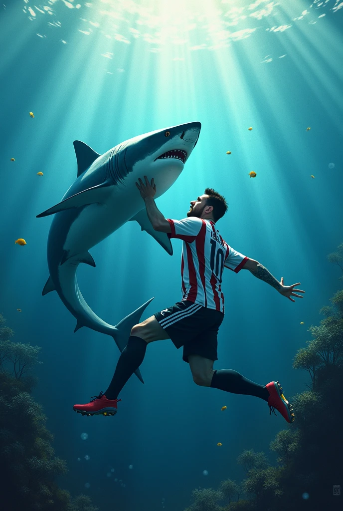 Messi with a Shark in the sea.