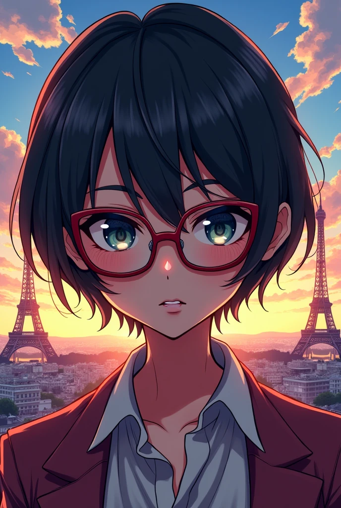 make a anime picture base of me. have a triangle face, big sharp eyes, straight short hair, using a glasses. background in paris