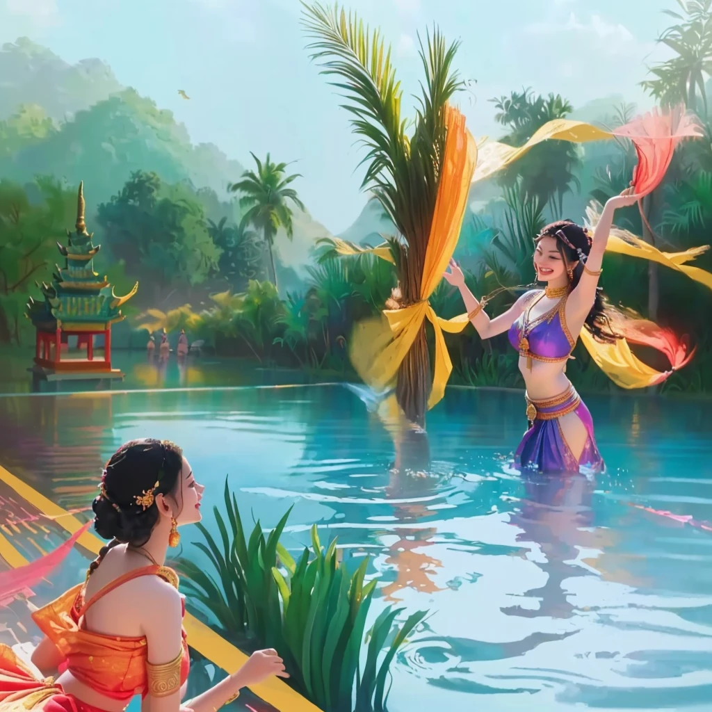 painting of a group of women in colorful clothing dancing in a river, submerged temple dance scene, from ramayan, full color illustration, artistic depiction, javanese mythology, mythological painting, fanart, beautiful depiction, submerged temple ritual scene, everyone having fun, a beautiful artwork illustration, beautiful image, color illustration, an illustration of, ilustration