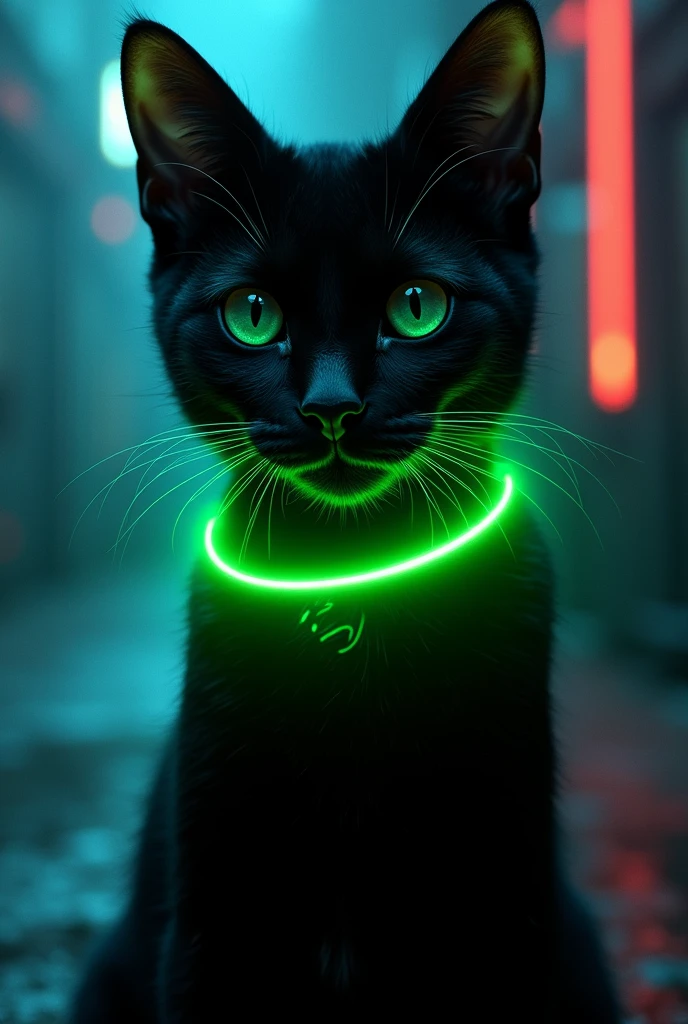 black cat, with neon green necklace