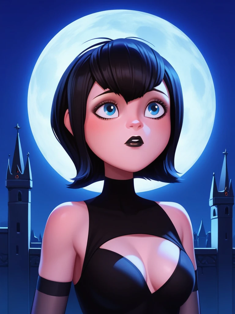 score_9, score_8_up, score_7_up, source_anime, source_cartoon, Mavis,short hair, black hair, best quality, perfect eyes,  portrait, breasts,lips, black lips,eyelashes, blue eyes, nsfw, castle, darkness, full moon, 