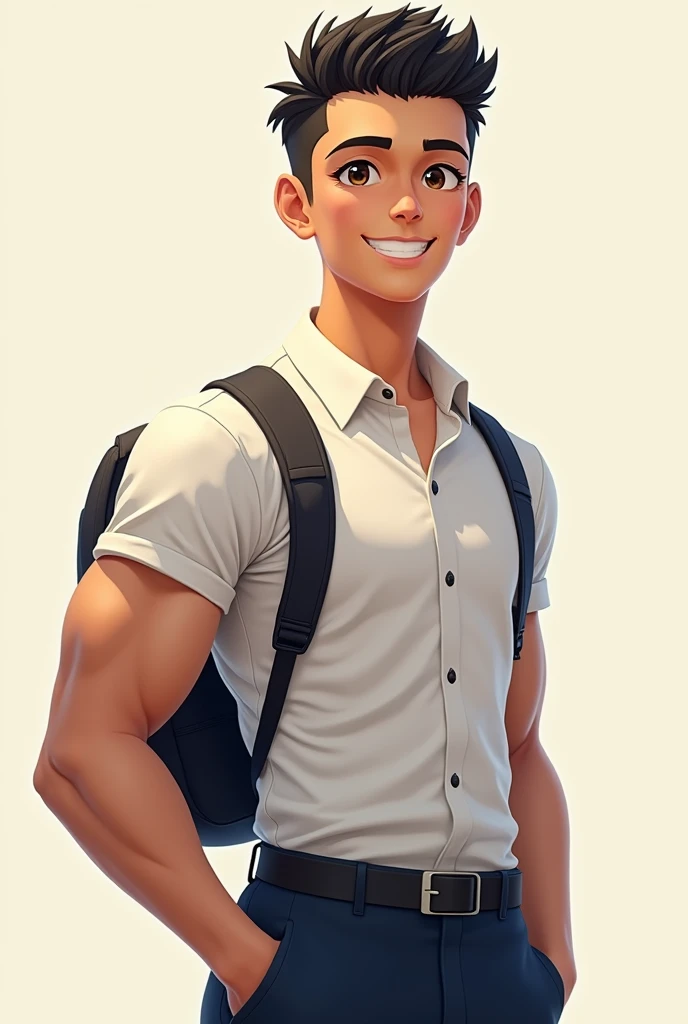 busty and handsome boy, 8k, masterpiece, ultra-realistic, best quality, high resolution, high definition, 1boy, school uniform, school boy, backpack, smile,Hujie,solo