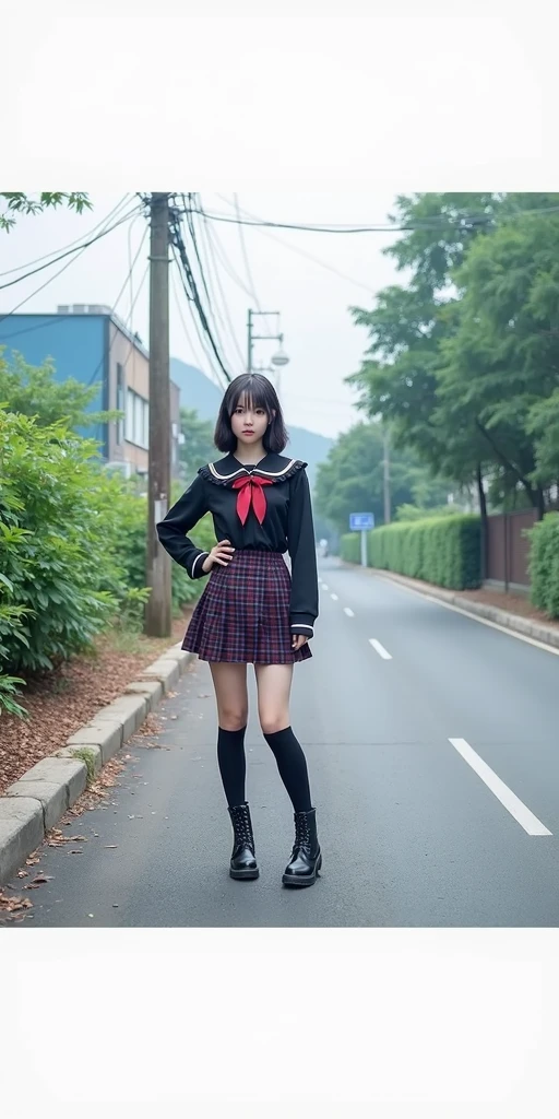 (8k、RAW Photos、Highest quality、masterpiece:1.2)、(Realistic、Realistic)、1 person、((View from the front、Looking into the camera、check、boots、mini skirt、High school uniform、、Standing with one hand on hip、Frills、))、cute