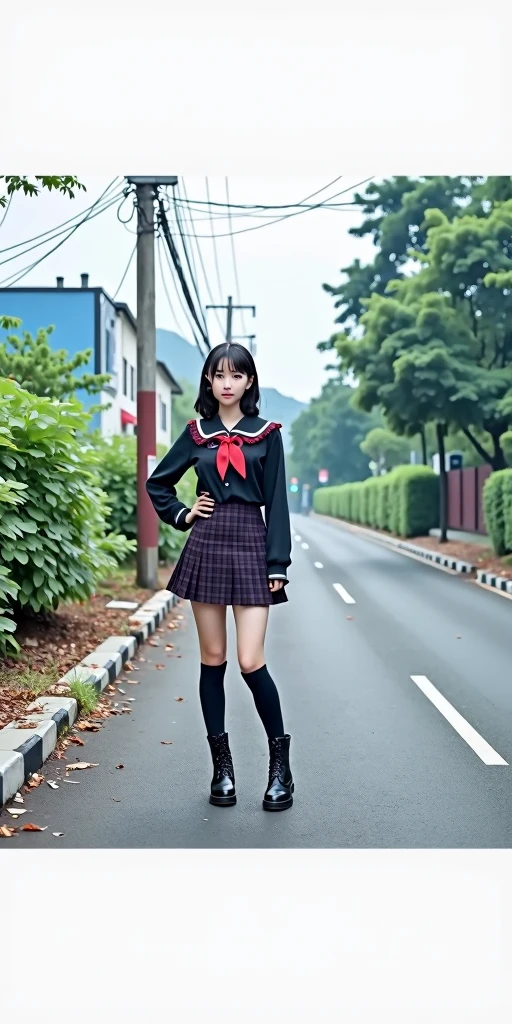 (8k、RAW Photos、Highest quality、masterpiece:1.2)、(Realistic、Realistic)、1 person、((View from the front、Looking into the camera、check、boots、mini skirt、High school uniform、、Standing with one hand on hip、Frills、))、cute