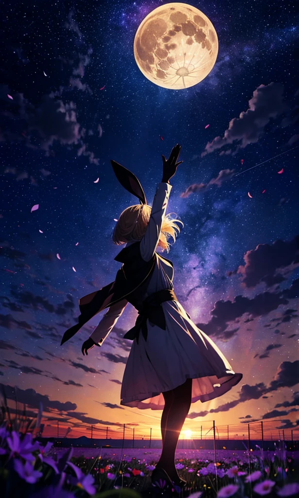１people,Woman with medium length blonde hair，Bunny ears，Long coat，Takageta， Dress Silhouette， Rear View，Space Sky, Flower Field，Colorful flowers，Dancing Petals，full moon，shrine，