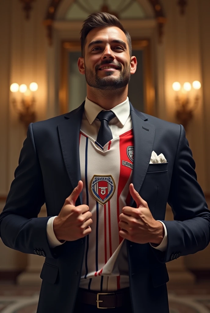 A man getting married in a suit and opening his shirt from the inside, showing a Fluminense shirt (Rio de Janeiro football team) under