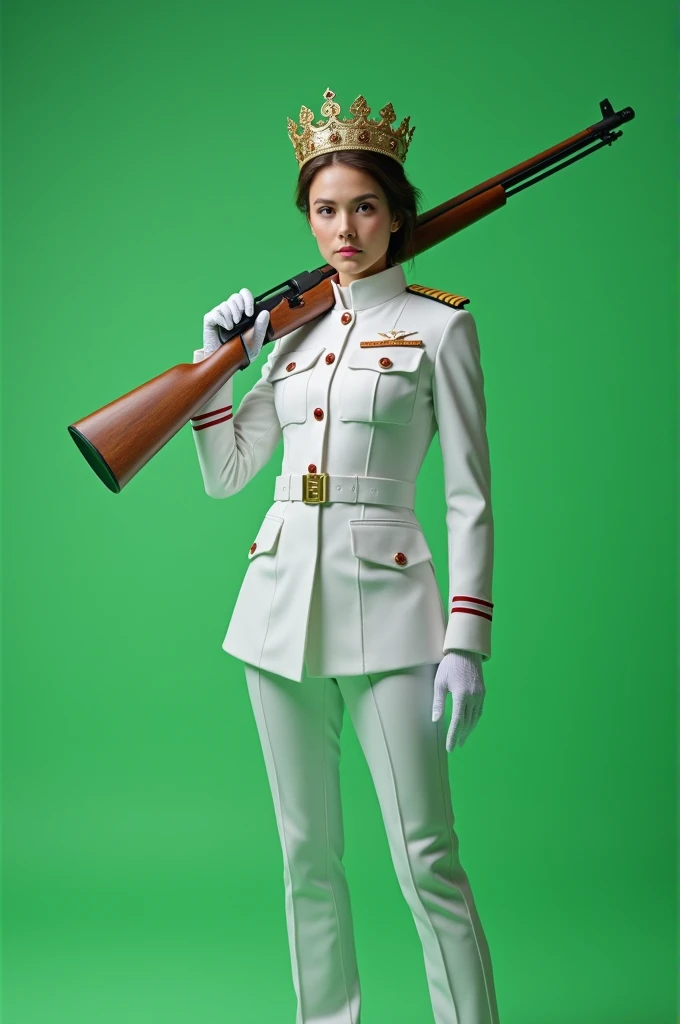 Military general standing with handed long shot gun, Female, King's crown on head , white uniform,  plain green screen background