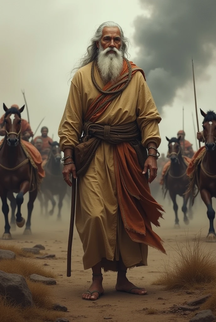 Old old bramhana person standing in middle of a war and horses are ran away from that war ,the old man observes the horses