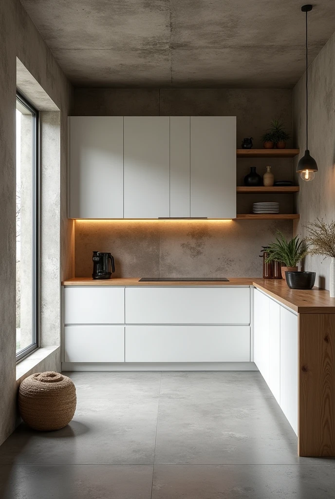 Kitchen with burnt cement ceiling, wooden counter, white closet, Satin gray porcelain flooring