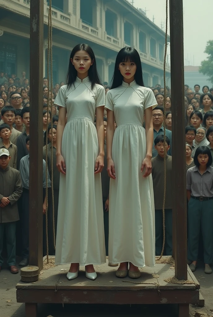 Scene of two Vietnamese girls in white ao dai ,hanging, gallows, many people around, chair falls to the ground