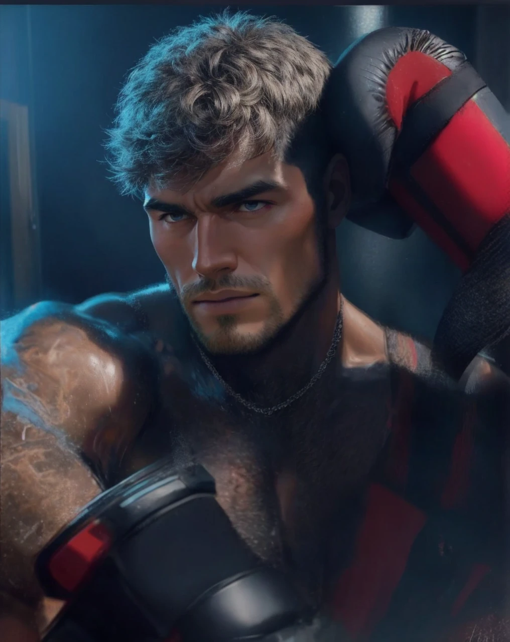 (one male) (portrait) (headshot).
Very detailed masculine face, heroic, detailed realistic open eyes, (muscular:1.5), (big muscles), (big pectorals), (slight smile). (shirtless) (topless male)
Realistic, photoreal, studio portrait, high definition, high contrast, high saturation, highly detailed, high quality, masterpiece, rim lighting, back lighting, volumetric light, vibrant colors.