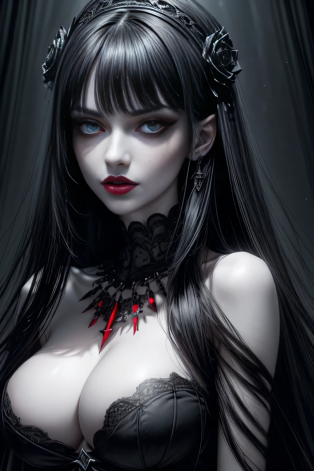 ((face close up, shot in the face)) ((sexual, tall and very beautiful death goddess)) ((dark eye shadow makeup)) ((bright red lipstick)) ((very pale skin)) ((big bright grey eyes)) ((very long straight black hair with bangs, closing one eye)) ((big breasts:1.5)) ((Weras strapless top)) ((necklace)) ((Gothic, dark fantasy)) ((a high resolution:1.5), ((dark ambient)) ((Pale Lights)) ((masterpiece:1.5))((8 K:1.7)) ((Best quality:1.4)), More_details:-1, More_details:0, More_details:0.5, More_details:1, More_details:1.5,