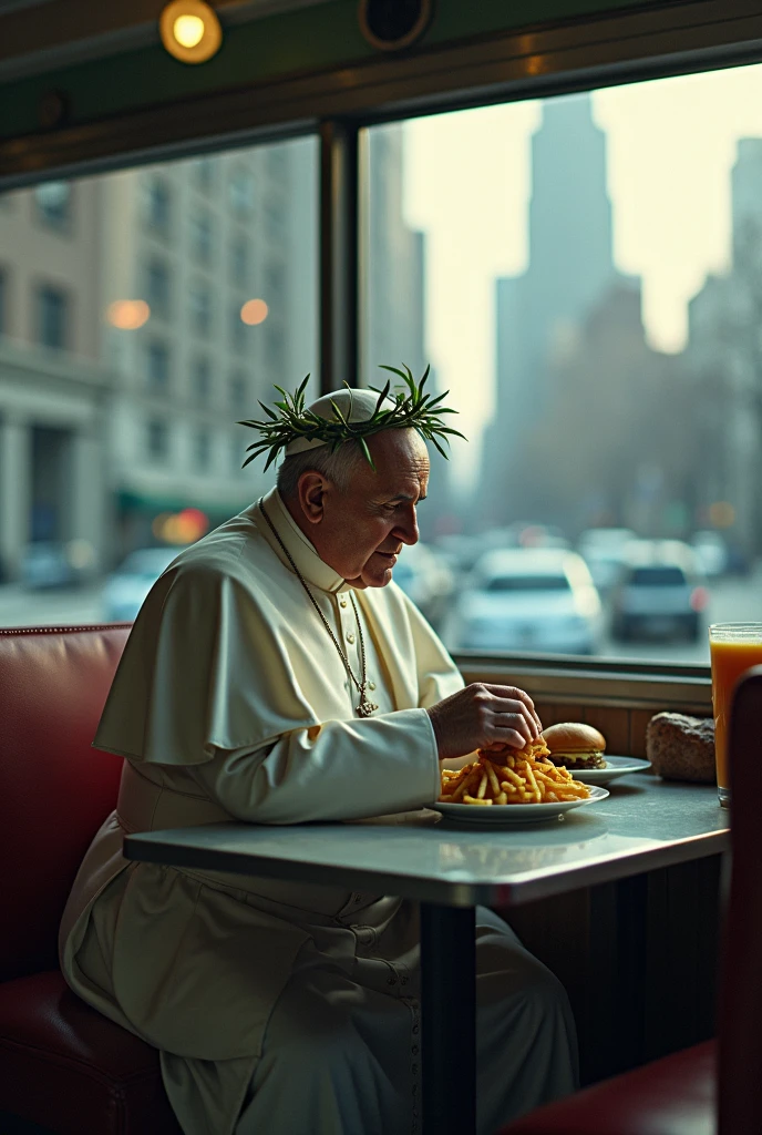 A lonely and depressed Papa Francisco wearing a crown eating a hamburger and fries beside the window in a deserted cafe diner in New York photographed by Miles Aldridge