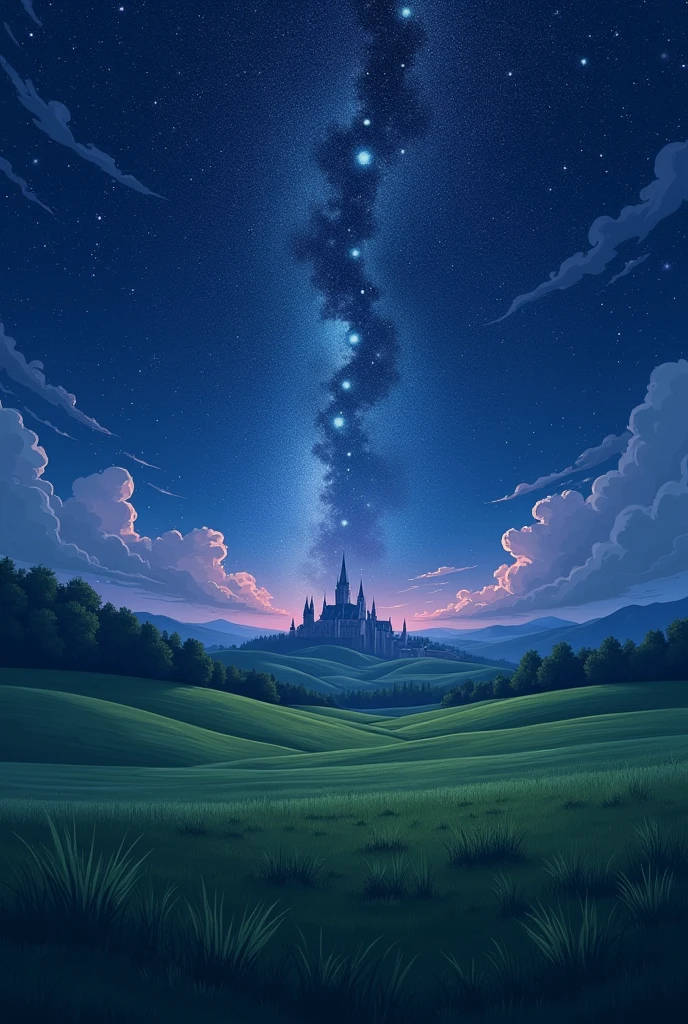 Create an image that is an open field with castles in the distance at night. The night sky should show the details of the Milky Way galaxy. A beautiful sky with contrasting colors. Idyllic art, anime art style, 2d, dramatic, beautiful, starry night