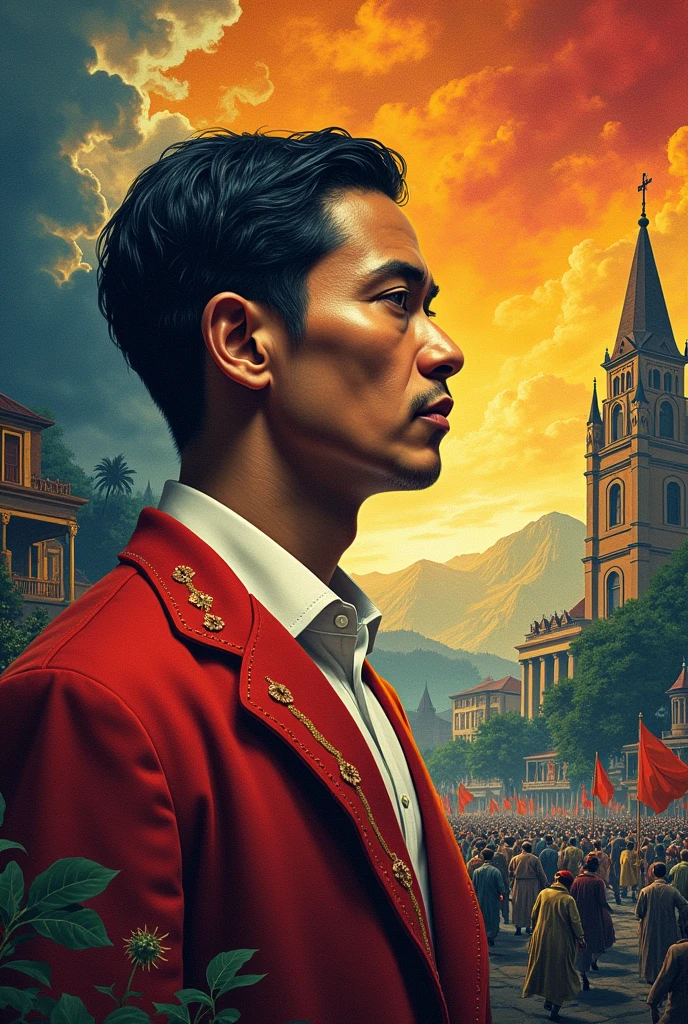 Create a poster depicting the social changes in the 19th century Philippines during Jose Rizal's time. The poster should provide three images showing the class structures during that time and the role of the Catholic church; the impact of education and liberal ideas; and lastly, the key social movements and their impacts. Make sure it's the Philippines, Filipinos are brown asian people.