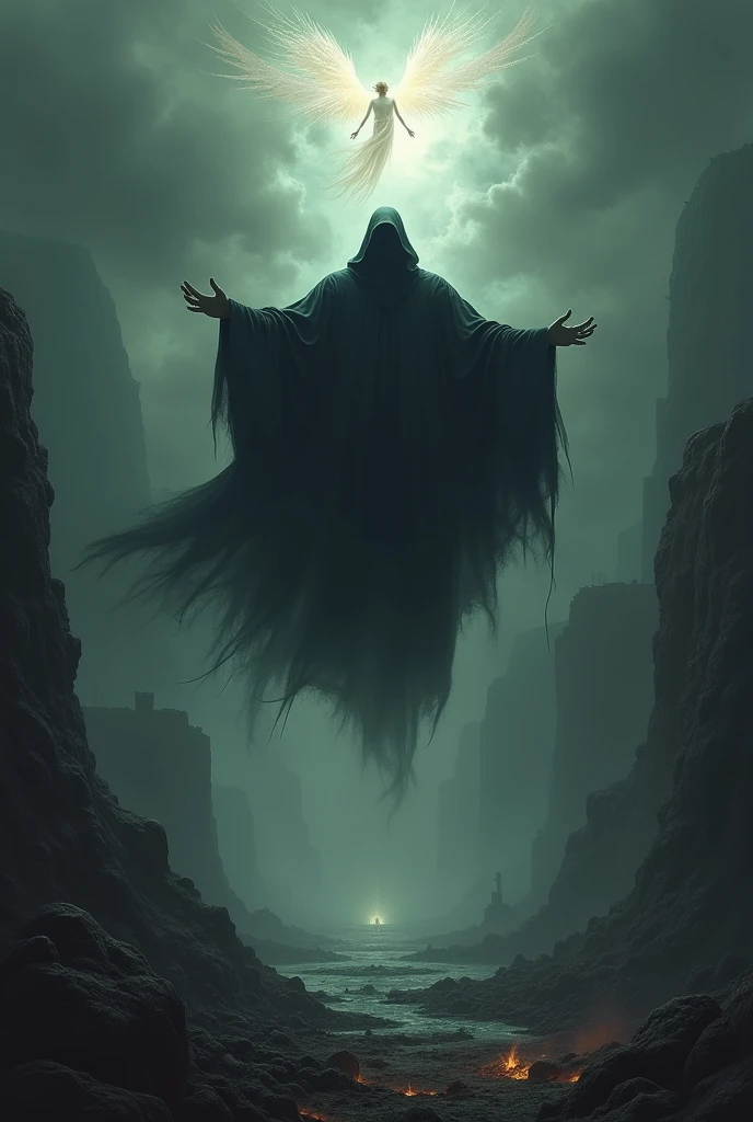 A man in a black robe levitating and overlooking the world consumed by darkness and misery
An angel comes from the sky with a silverlining from heaven