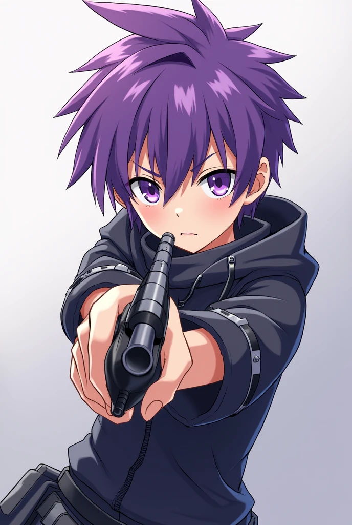 A young anime style gun boy, short hair without bangs up purple and purple eyes