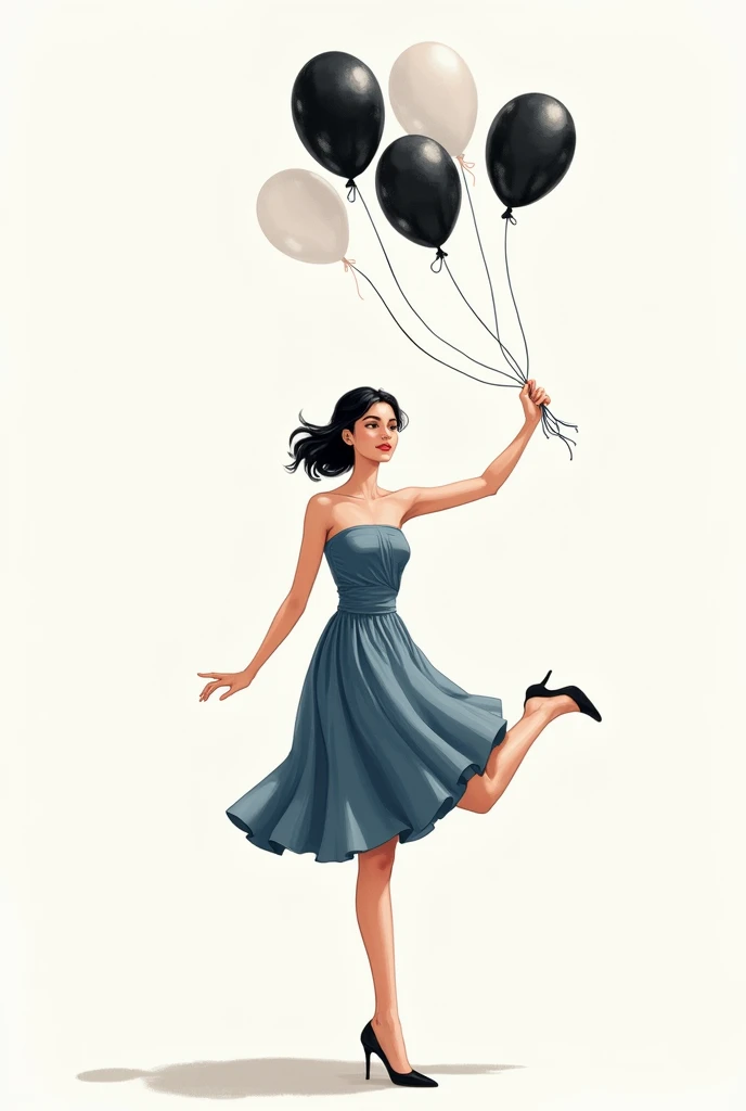 Create a png drawing of a white woman in her 30s with black hair *It has to be black)on the side holding balloons lifting one leg with a flared skirt and a blue strapless blouse and looking at the balloons(black and white)
Without being too realistic looking like fashion drawings