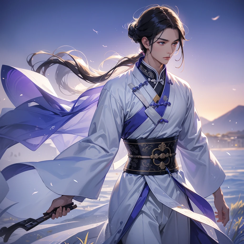 Handsome black-haired male in white ancient Chinese costume, strolling among by the lavender fields glowing blue, close up. playing the guzheng. background is the mountains and the sea. low cloud.