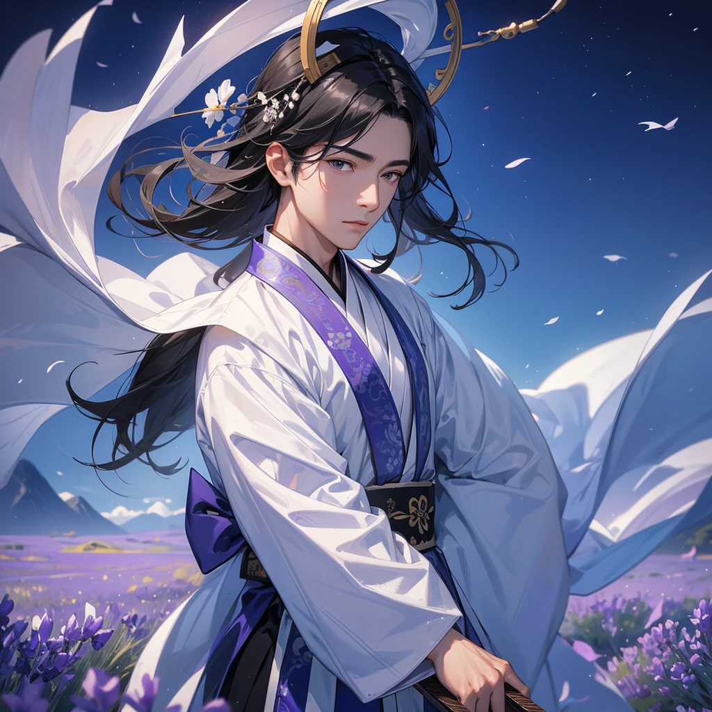 Handsome black-haired male  in white ancient Chinese costume, strolling among by the lavender fields glowing blue, close up. playing the guzheng. background is the mountains and the sea. low cloud.